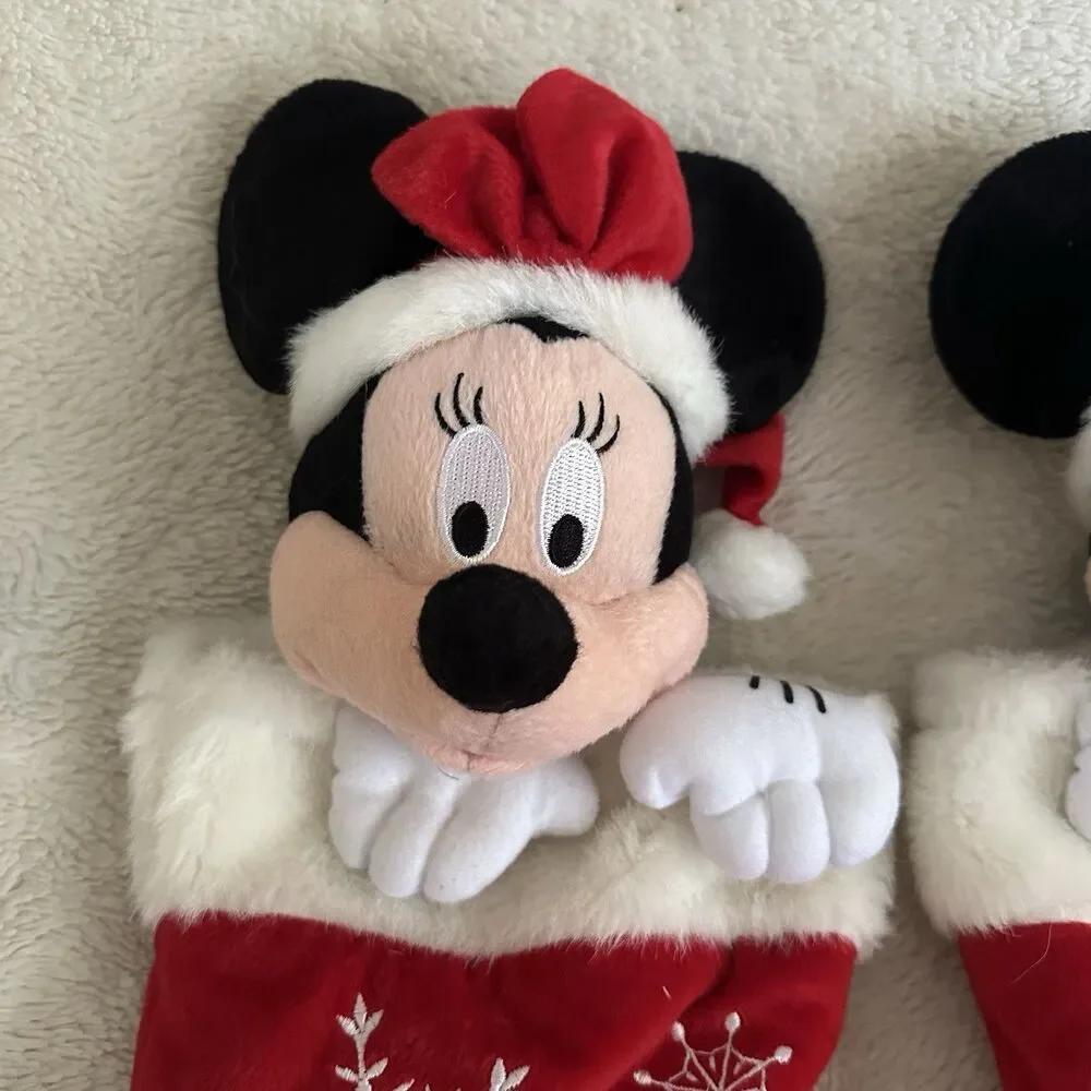 Disney Mickey Minnie Mouse Set Of 2 3D Plush Head Christmas Stocking Snowflakes